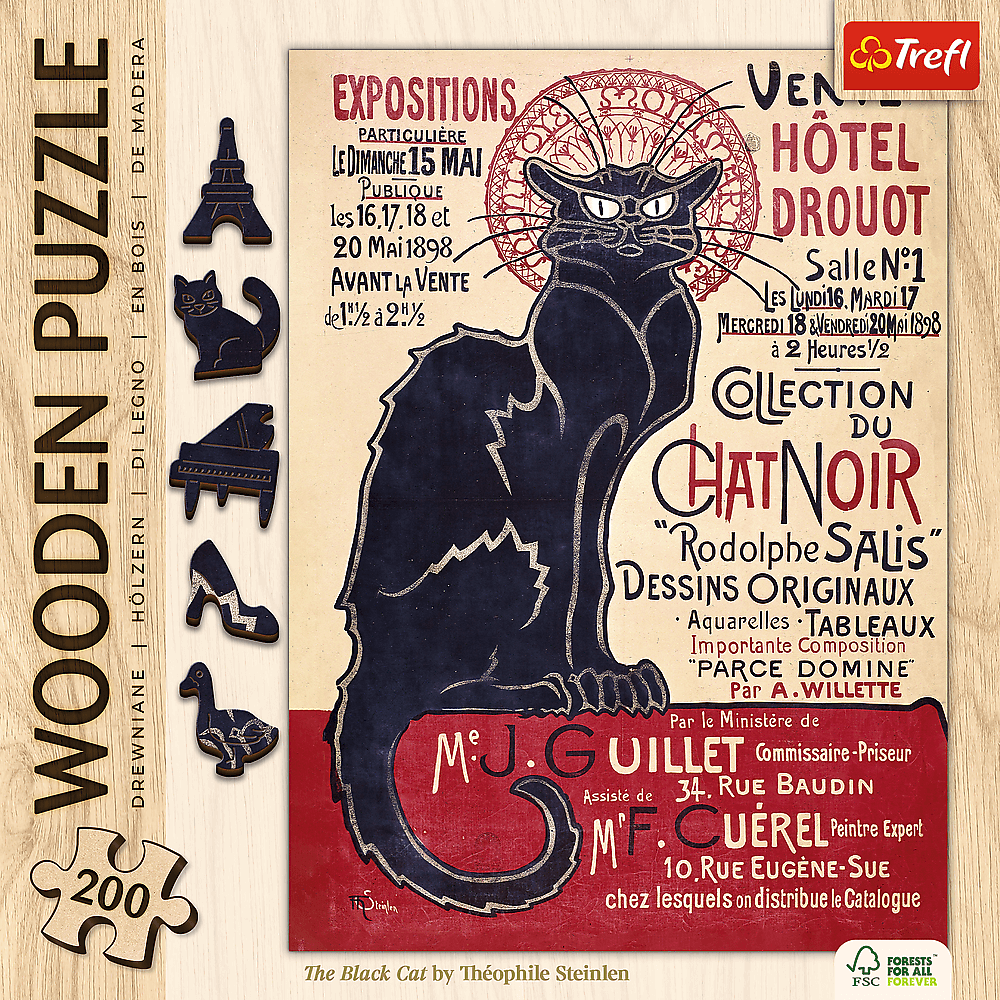 Steinlen - A Fekete Macska - FA Kirakó! Trefl Wood Craft 200 darabos kirakó puzzle (TR - 20254) - puzzlegarden