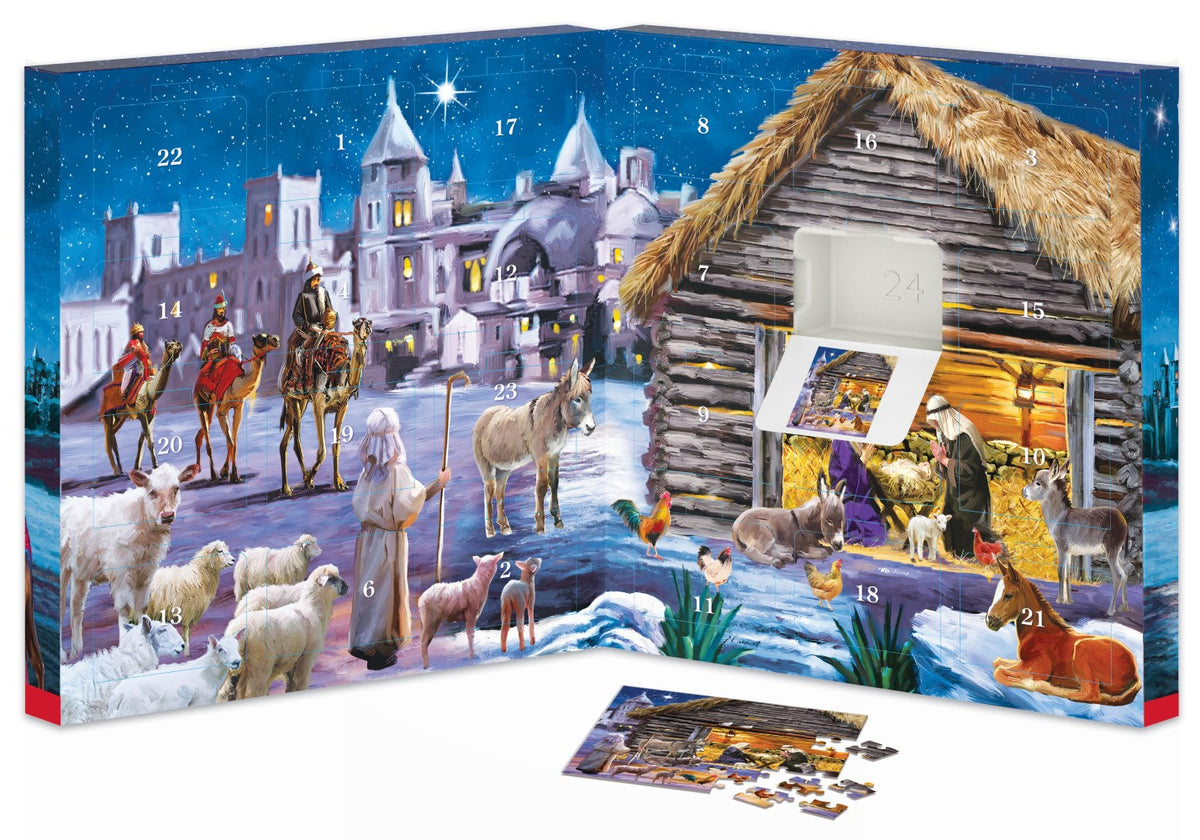 Betlehemi történet – puzzle adventi naptár – nyitott naptár és minikirakó