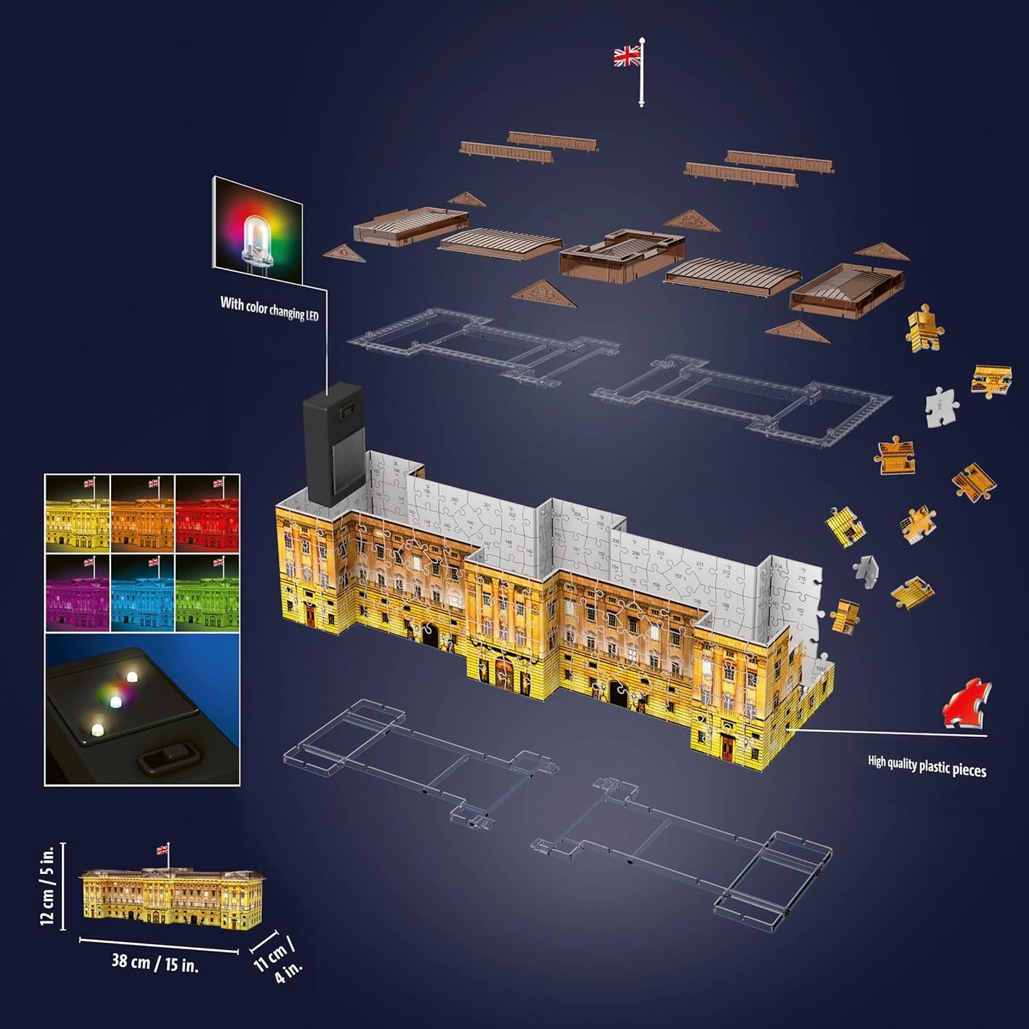 Buckingham - palota - London - 3D Night Edition Ravensburger 237 darabos kirakó puzzle (RA - 12529 4005556125296) - puzzlegarden