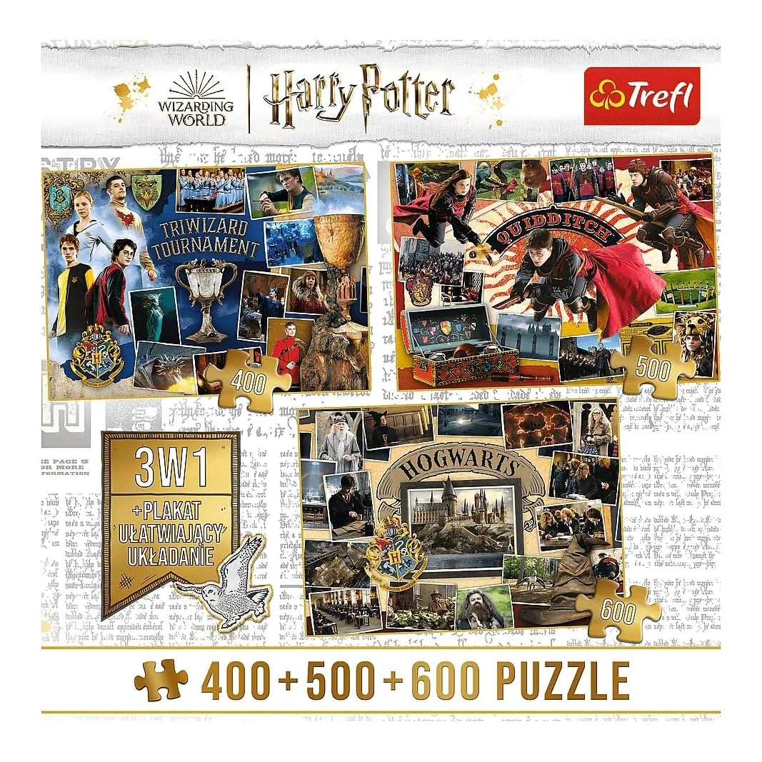 Harry Potter 3in1 gyüjtemény 1. - Trimágus Tusa, Kviddics, Roxfort - 400, 500, 600 Trefl 500 darabos kirakó puzzle (TR-91827) - puzzlegarden