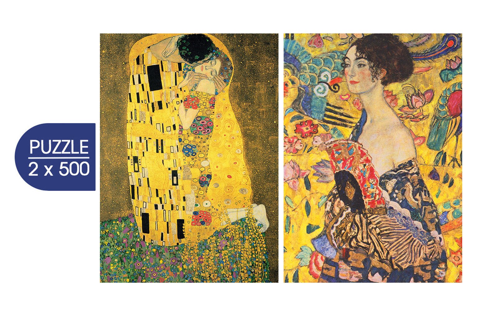 Klimt művészete: A csók, 1907–1908 – Hölgy legyezővel, 1917–1918 – 2×500 Grafika 500 darabos kirakó puzzle (GR-33775) - puzzlegarden