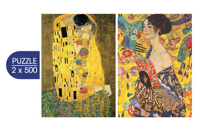 Klimt művészete: A csók, 1907–1908 – Hölgy legyezővel, 1917–1918 – 2×500 Grafika 500 darabos kirakó puzzle (GR-33775) - puzzlegarden