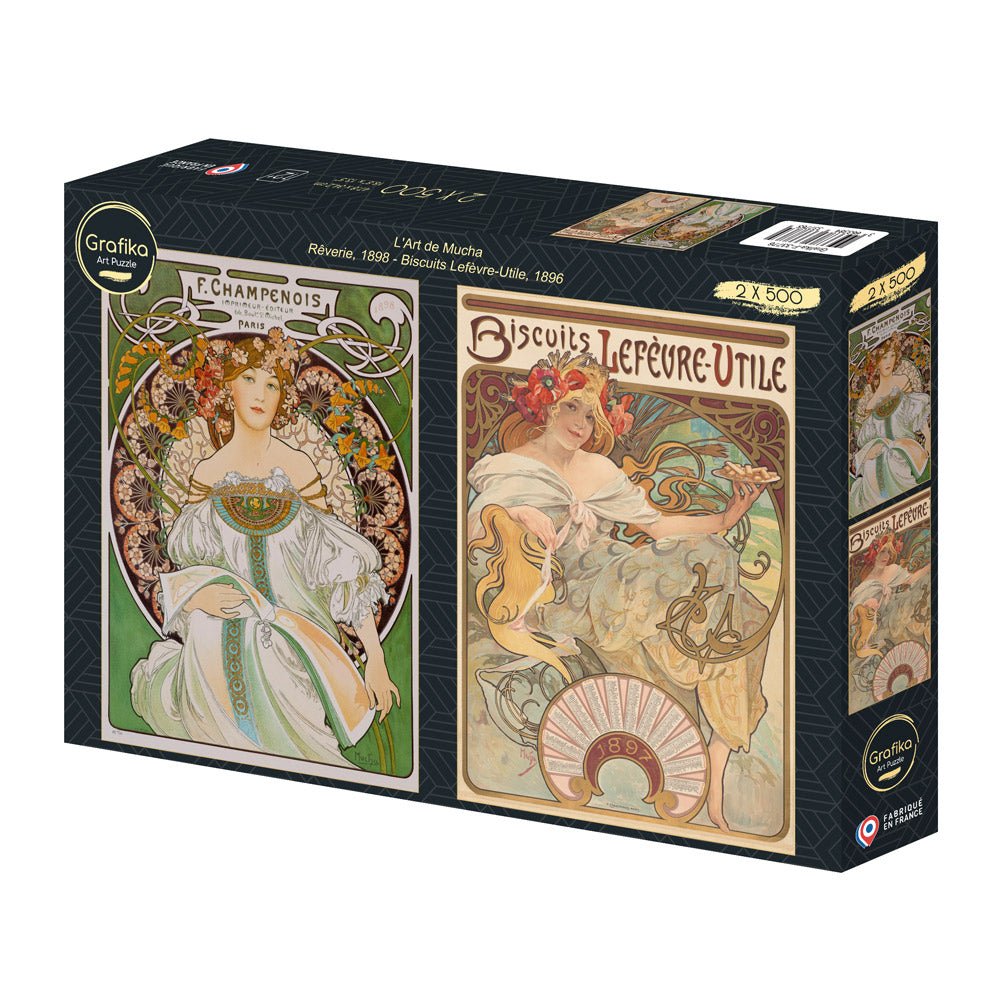Mucha művészete: Ábrándozás, 1898 – Lefèvre - Utile kekszek, 1896 – 2×500 Grafika 500 darabos kirakó puzzle (GR-33776) - puzzlegarden