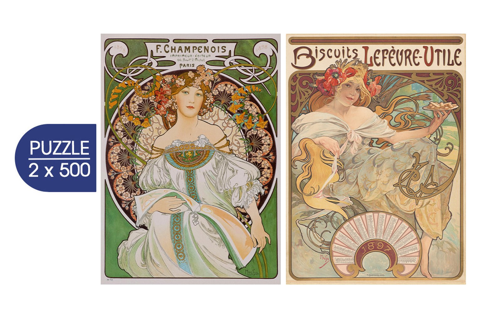 Mucha művészete: Ábrándozás, 1898 – Lefèvre - Utile kekszek, 1896 – 2×500 Grafika 500 darabos kirakó puzzle (GR-33776) - puzzlegarden