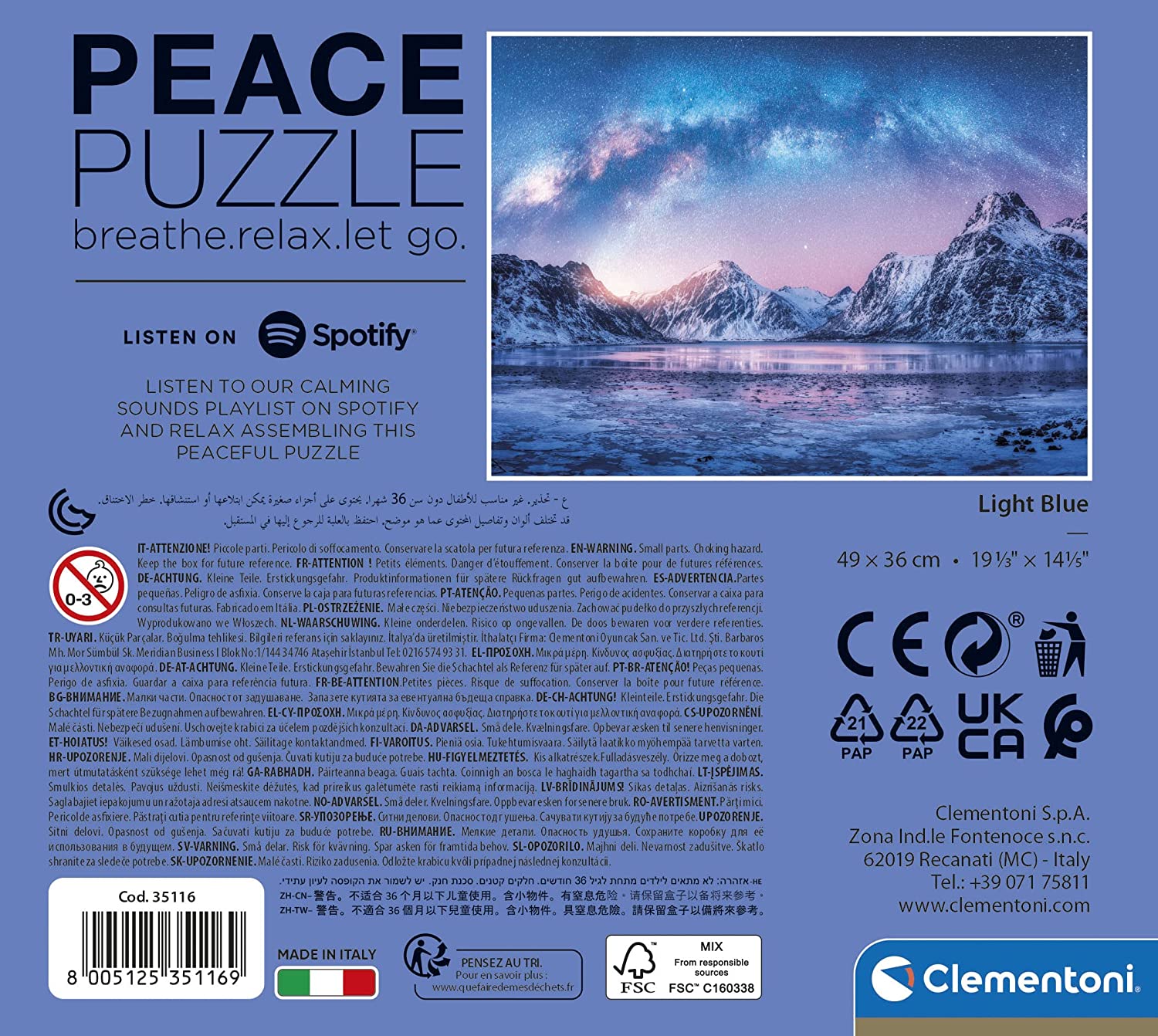 Peace Puzzle - Világoskék Clementoni 500 darabos kirakó puzzle (CL-35116 8005125351169) - puzzlegarden