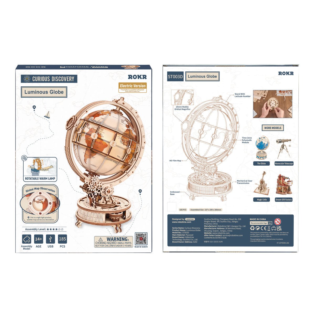 Rokr - Világító földgömb – elektromos változat Robotime 185 darabos kirakó puzzle (RO-ST003D) - puzzlegarden