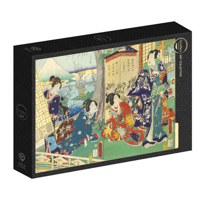 Utagawa Kunichika – Genji herceg látogatása egy rezidenciában, kilátással a Fudzsira Grafika 1000 darabos kirakó puzzle (GR-33783) - puzzlegarden
