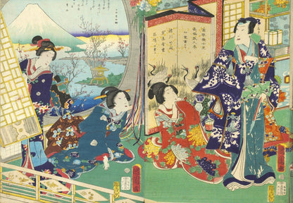 Utagawa Kunichika – Genji herceg látogatása egy rezidenciában, kilátással a Fudzsira Grafika 1000 darabos kirakó puzzle (GR-33783) - puzzlegarden